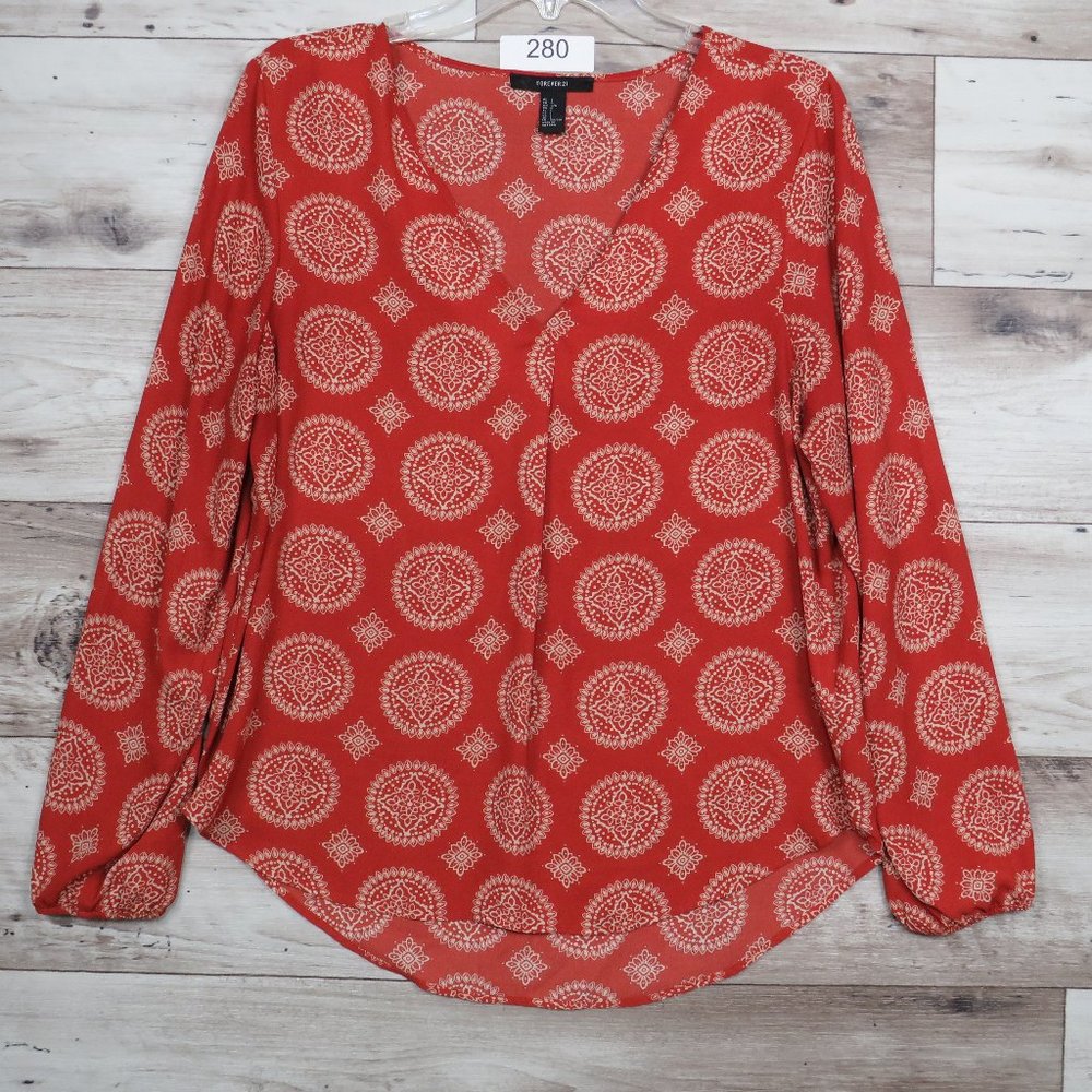 Forever‎ 21* Women's Long Sleeve Elastic Cuffs V-Neck Blouse Size Large